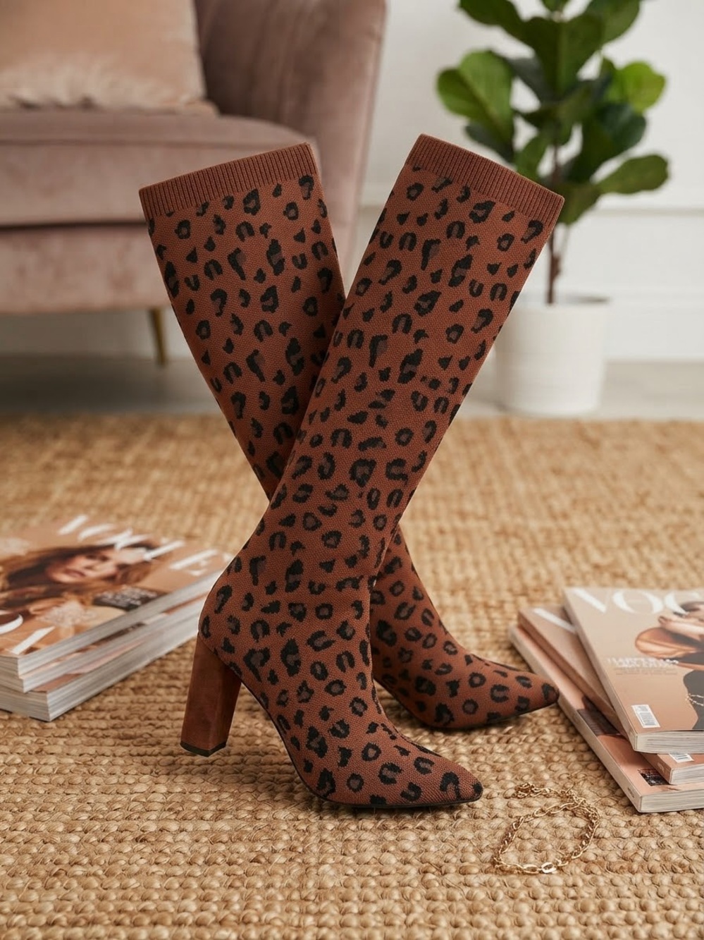 Brown Leopard Knit Knee Boots